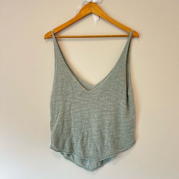 Free People Beach Light Sea Foam Blue Crochet Knit V-Neck Tank Top - Picture 3 of 3